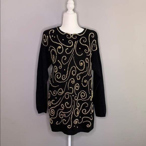 Vintage Sweaters - Vintage Black Gold Beaded Embellished Sweater